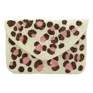 Leopard Print Mini Beaded Clutch Pink Ivory Brown Crossbody Chain Handbag NEW